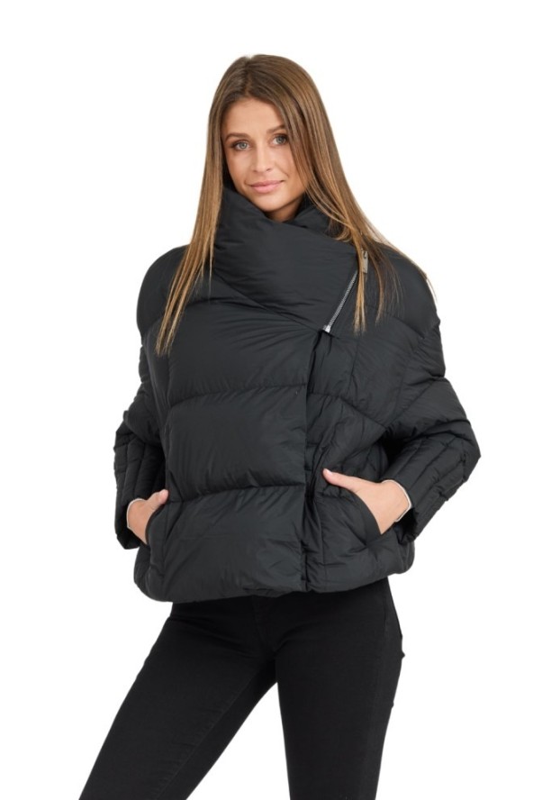 DIEGO M Czarna damska kurtka Giubbino Micropiuma - Collo Con Zip, Rozmiar S