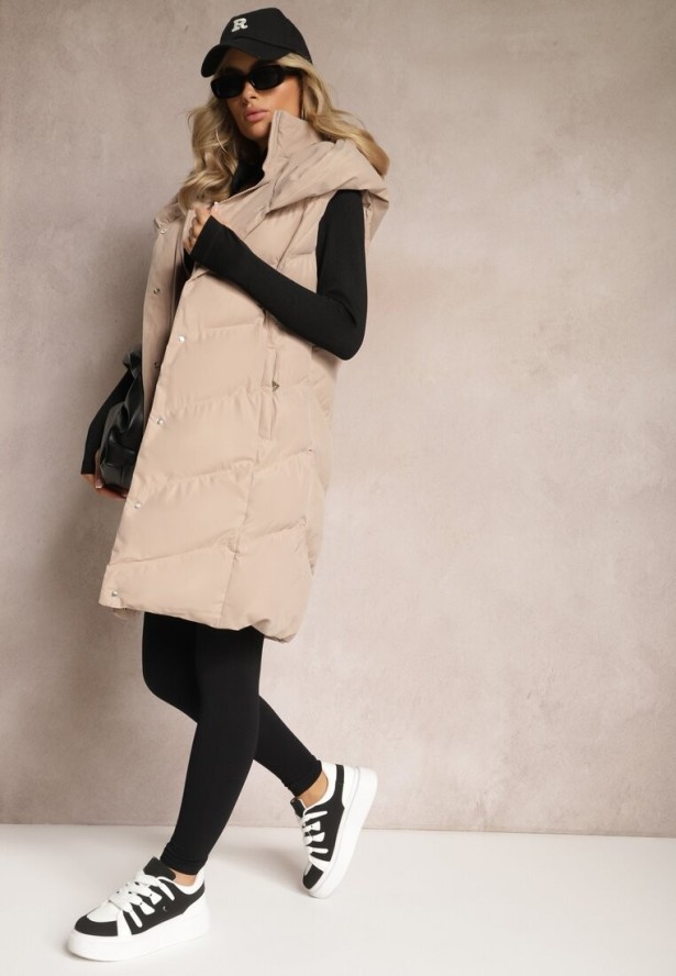 Beżowa Pikowana Kamizelka z Kapturem Roobani