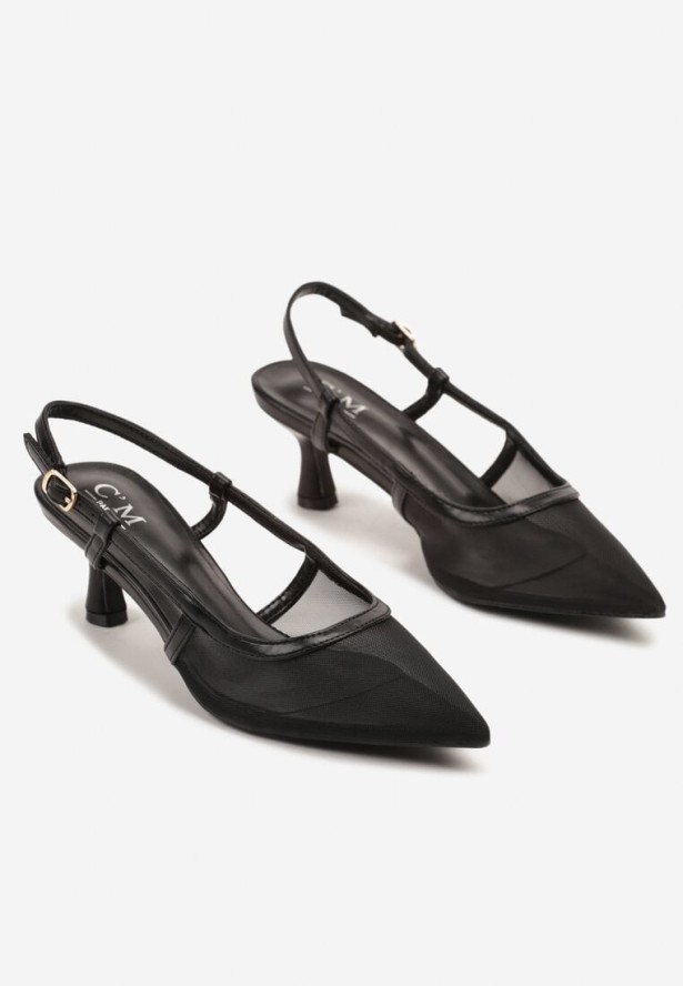 Czarne Sandały Slingback z Siateczki na Obcasie Typu Kaczuszka Tiltewia