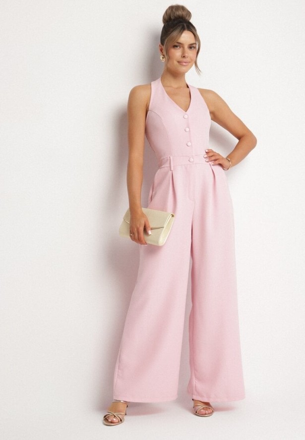 Różowy Kombinezon Taliowany Ozdobiony Guzikami Niladwenna