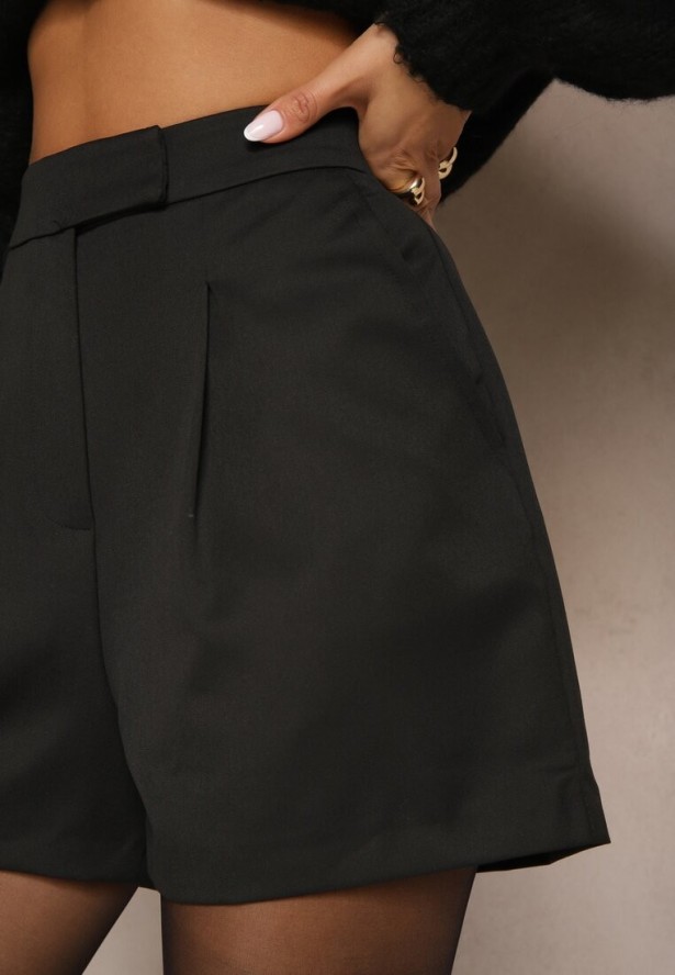 Czarne Szorty High Waist z Wiskozą o Garniturowym Kroju z Zakładkami Zavierisa