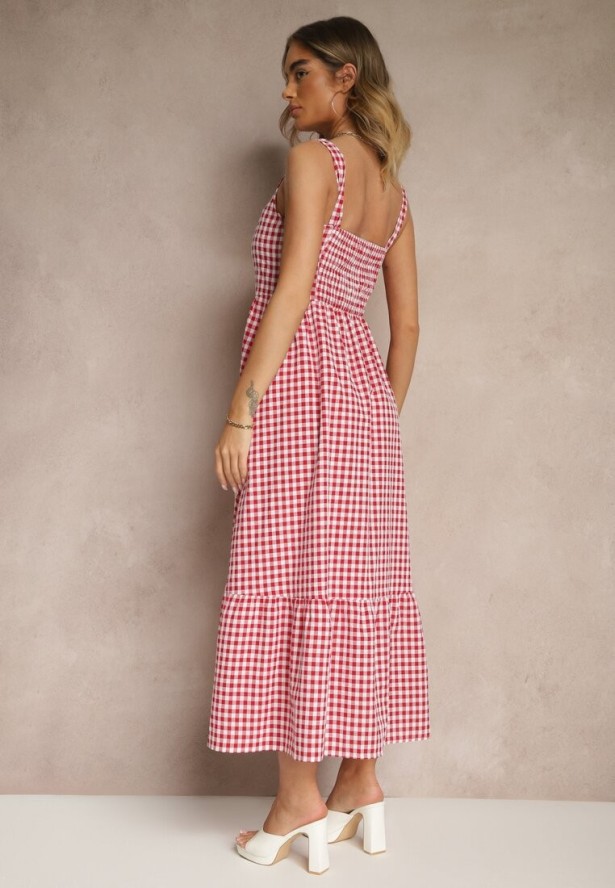 Czerwona Sukienka w Kratkę Vichy z Guziczkami Lenivelle