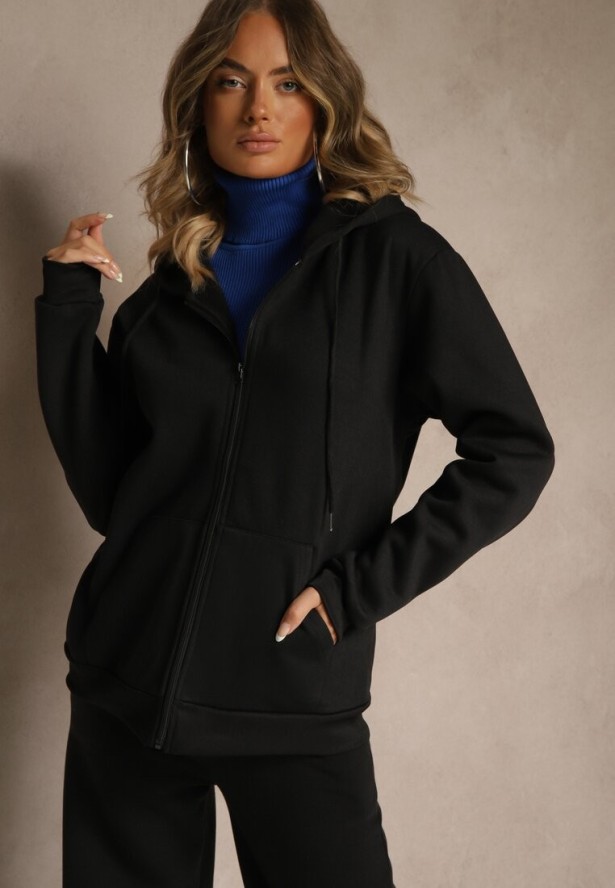 Czarna Bluza Rozpinana z Kapturem z Bawełną Ozdobiona Sznurkami Odiola