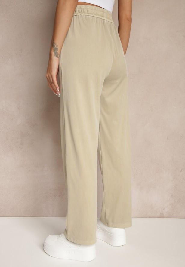 Beżowe Spodnie z Wiskozą High Waist z Ozdobną Aplikacją Frovanna