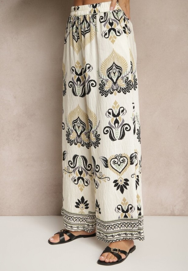 Beżowo-Czarny Komplet z Wiskozą Szerokie Spodnie i Bluzka w Stylu Boho Rinadora