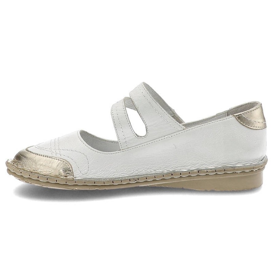 Półbuty damskie Lanqier, na płaskiej podeszwie i zapinane na rzep, białe ze złotym, 40C1221