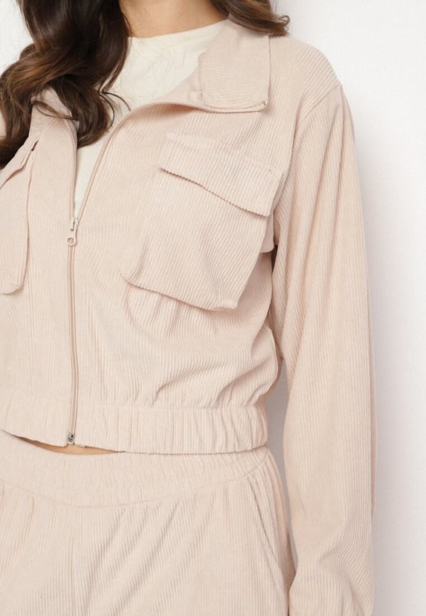 Jasnobeżowy Komplet Dresowy w Stylu Cargo Bluza ze Stójką i Szerokie Spodnie Arritarra