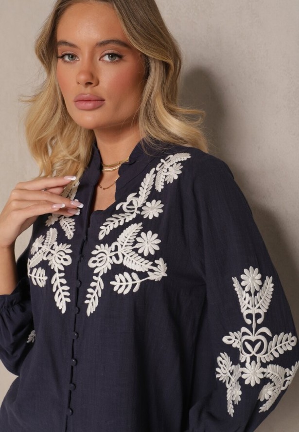 Granatowa Koszula z Wiskozą Bawełną i Haftowanym Wzorem Analessa