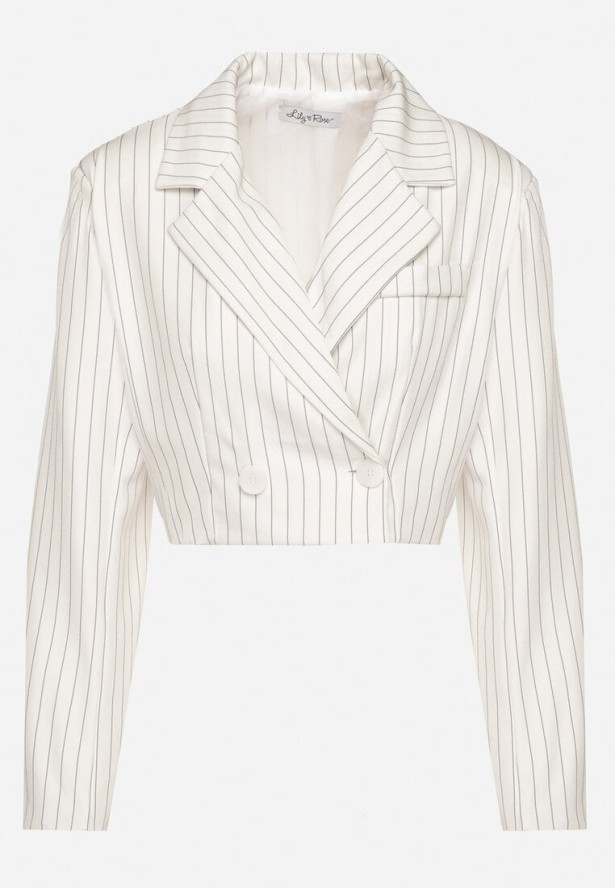 Biała Marynarka Dwurzędowa o Krótkim Kroju w Delikatne Paski Redarisa