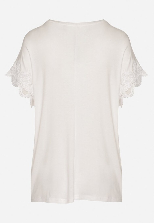 Biała Bawełniana Bluzka Nietoperz z Koronkowymi Rękawami z Cyrkoniami Adivain