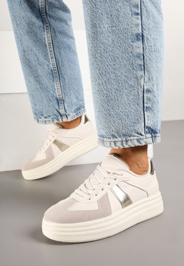 Beżowo-Złote Sznurowane Sneakersy na Grubej Podeszwie z Geometrycznym Motywem Melmi