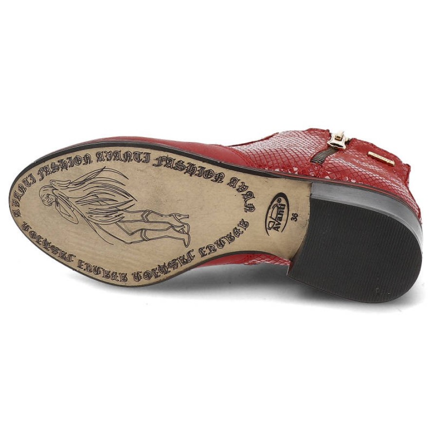 Botki damskie Avanti, licowa skóra naturalna z ozdobną fakturą i gładkim noskiem zapinane na suwak i na płaskiej podeszwie, czerwony, 191