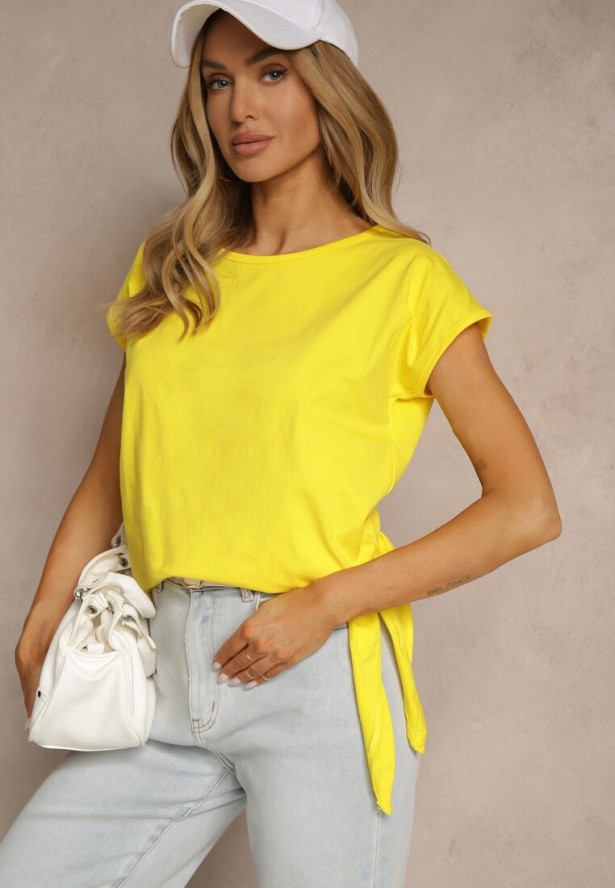 Żółty T-shirt z Bawełny z Ozdobnym Wiązaniem Termio