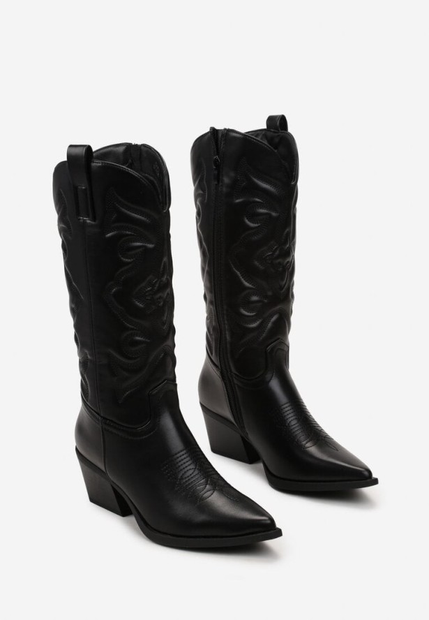 Czarne Kozaki Kowbojki na Stożku z Przeszyciami Ganavou