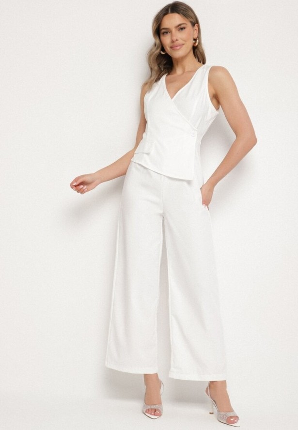 Biały Kombinezon Taliowany Elegancki Asymetryczny z Dekoltem V Nevosse