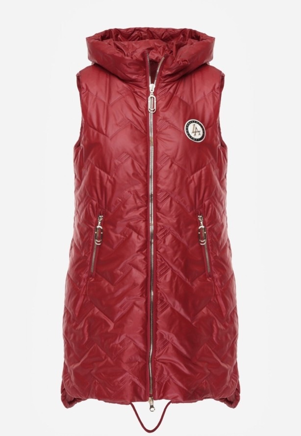 Czerwona Przejściowa Kamizelka Pikowana o Długim Kroju z Kapturem i Naszywką Harmaste