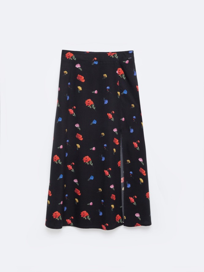 Spódnica damska midi z wiskozy z motywem kwiatowym czarna Brie 906