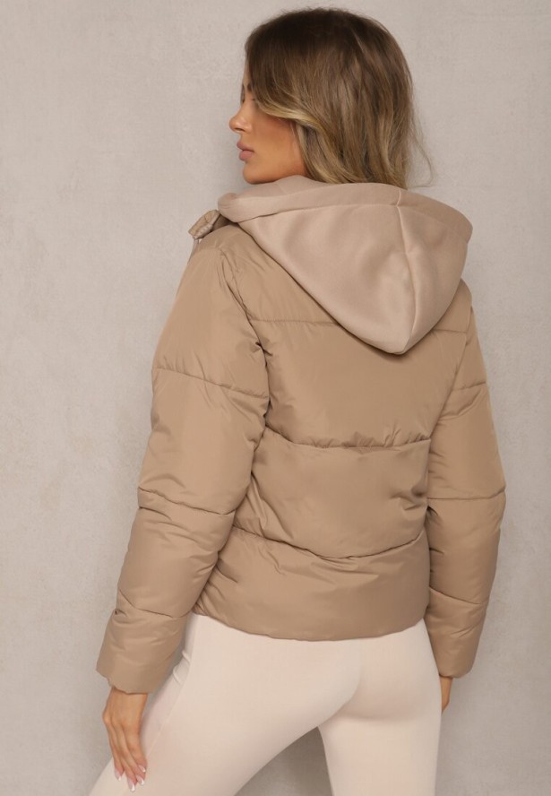 Ciemnobeżowa Kurtka Pikowana Wykończona Kapturem Aviatoria