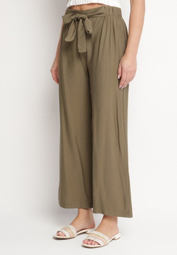 Ciemnozielone Wiskozowe Szerokie Spodnie Ozdobione Kokardą Elliluria