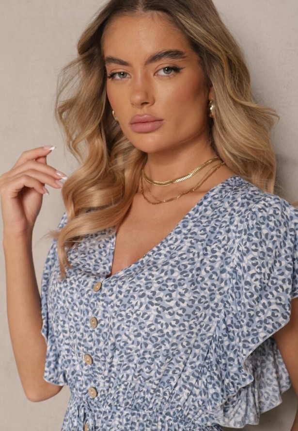 Niebieska Sukienka z Bawełny w Cętki o Rozkloszowanym Kroju z Guzikami Aluvellae