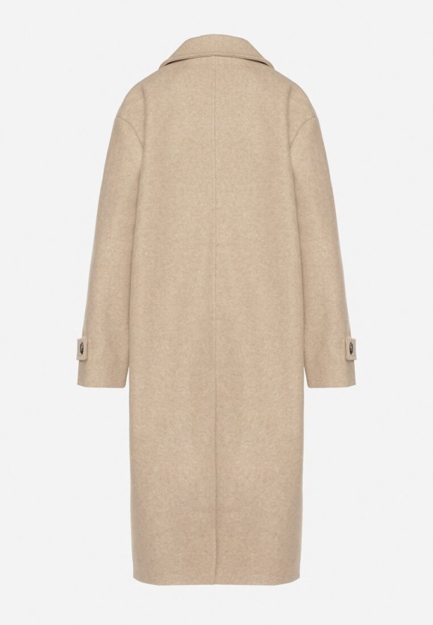 Beżowy Dwurzędowy Płaszcz Oversize z Wełny i Wiskozy w Eleganckim Stylu Tiliavia
