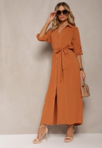 Brązowa Casualowa Sukienka Koszulowa na Guziki z Kieszeniami Jezebel