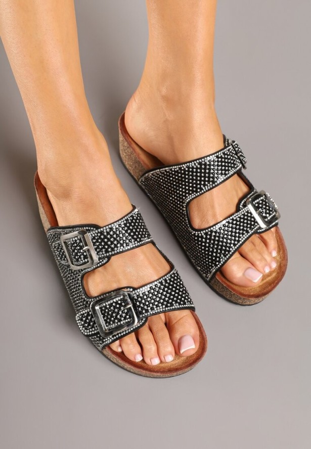 Czarne Klapki na Grubej Podeszwie z Korka z Cyrkoniową Cholewką Dralsedi