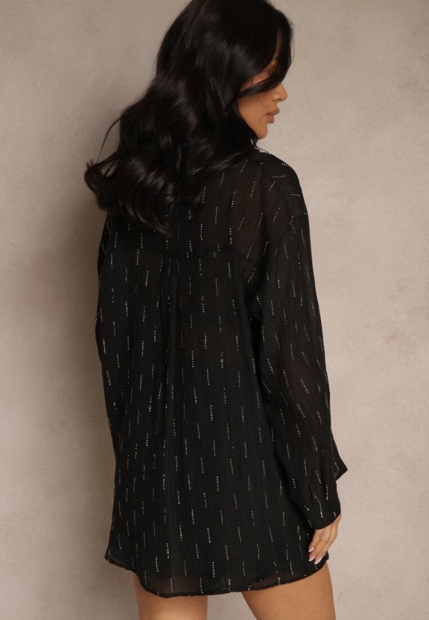 Czarny Komplet z Tkaniny z Cyrkoniami Koszula i Szorty Jeniviela