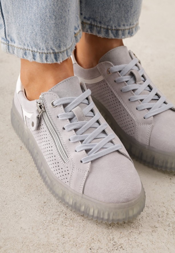 Niebieskie Sneakersy z Zamszu z Ozdobnym Suwakiem i Perforacją i Skórzaną Wkładką Sewtena