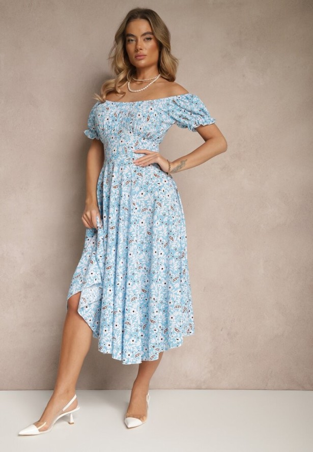 Niebieska Rozkloszowana Sukienka w Kwiatowy Print z Bawełną i Dekoltem Łódką z Bufkami Saniren