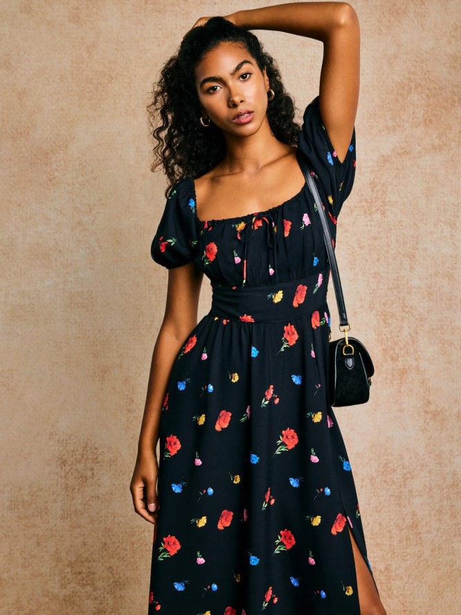 Sukienka damska midi z motywem kwiatowym czarna Roksi 906