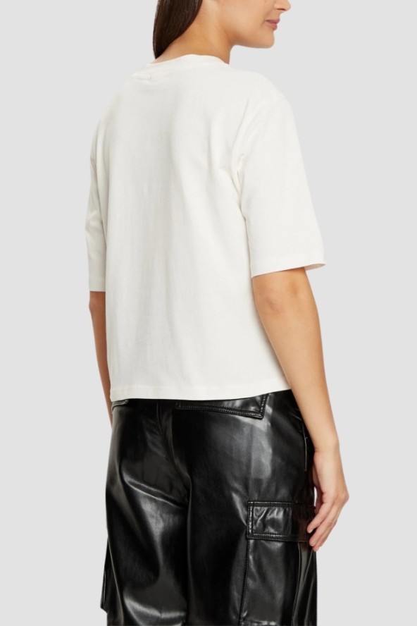 GUESS Beżowy t-shirt damski Bear Boxy, Rozmiar M