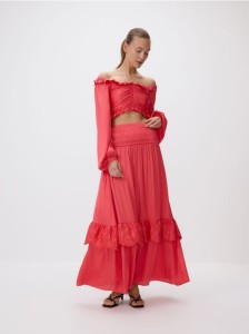 Spódnica maxi z haftem - koralowy