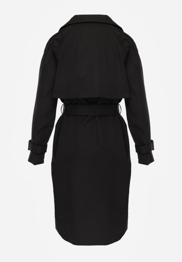 Czarny Dwurzędowy Płaszcz Trencz z Paskiem Ninnolia