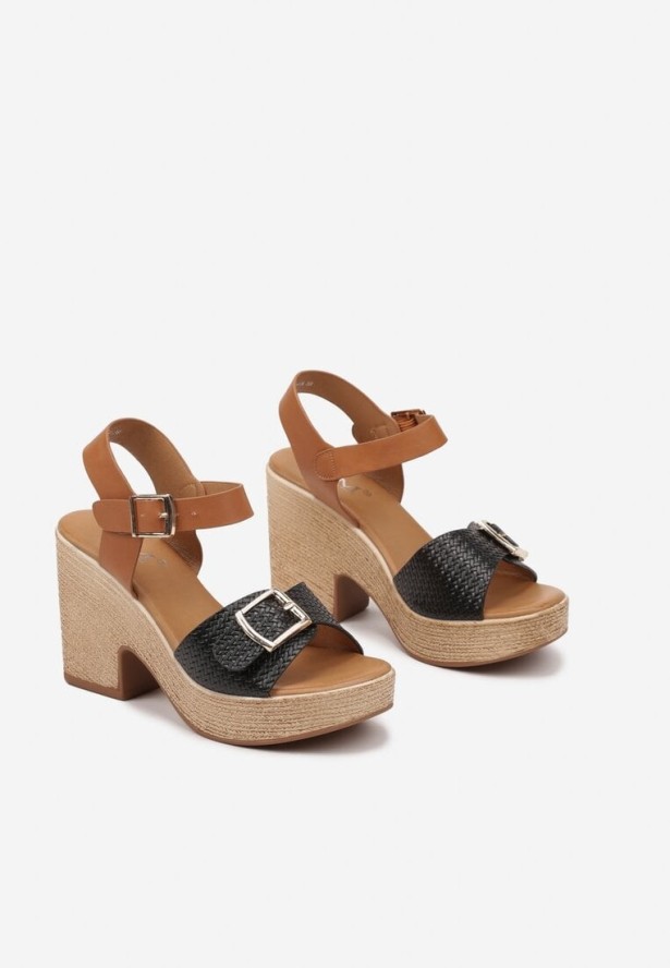 Czarne Sandały z Plecionką na Obcasie i Platformie Ozdobione Klamrami Amerxia