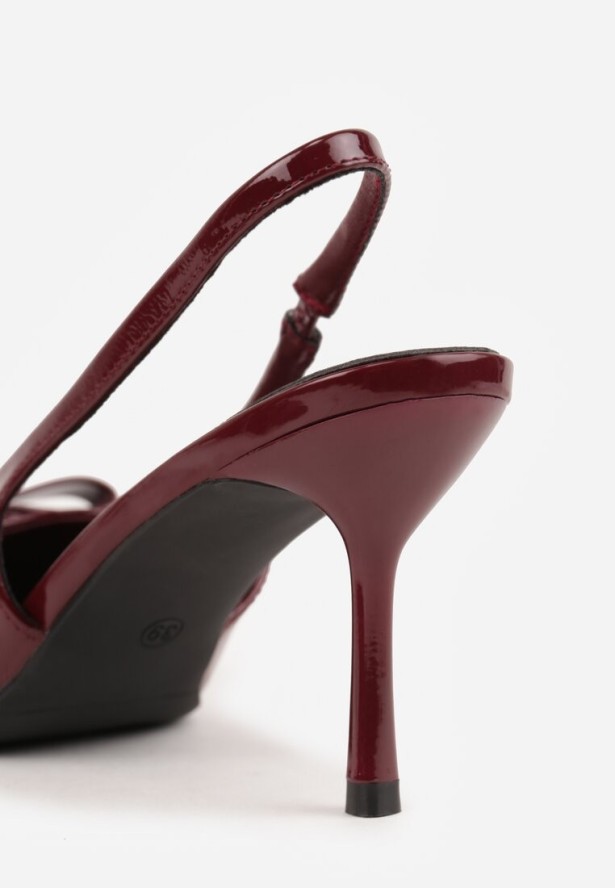 Bordowe Lakierowane Sandały Szpilki Vices Typu Slingback z Kokardą Dorozia