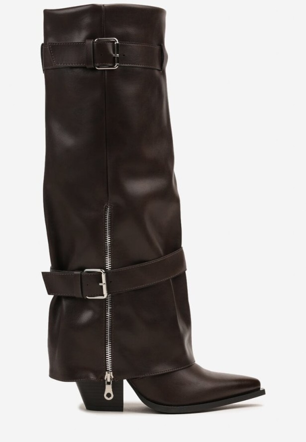 Brązowe Kozaki na Stożku z Cholewką Imitującą Nogawkę z Klamrami i Suwakiem Erseria