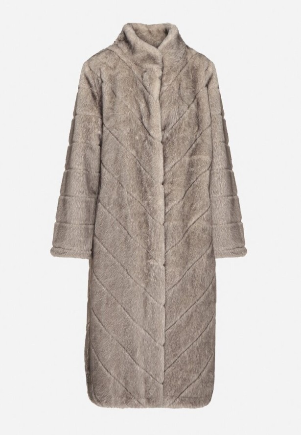 Beżowy Długi Płaszcz Futerko z Ozdobnymi Przeszyciami i Stójką Zenima