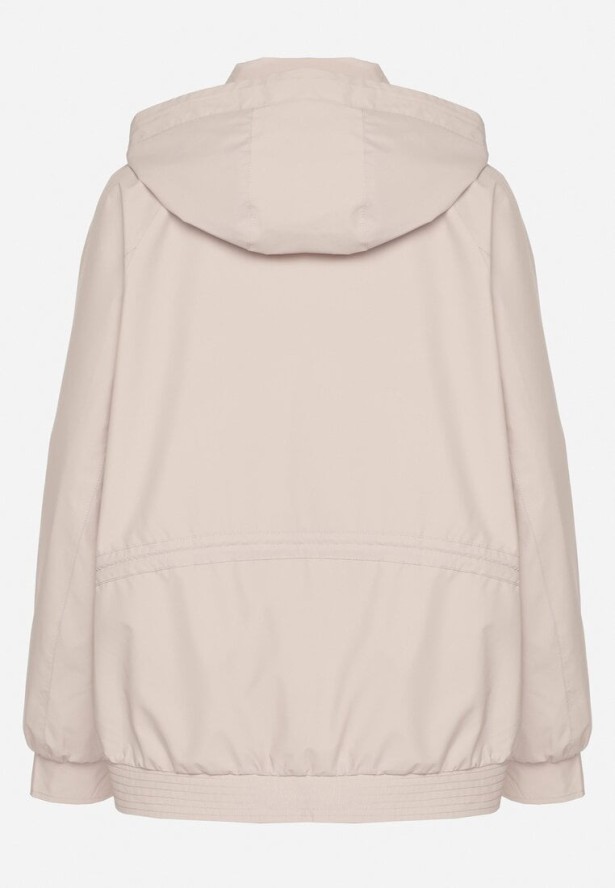 Jasnobeżowa Kurtka Parka o Pudełkowym Kroju ze Ściągaczem w Talii i Kapturem Sesoliena
