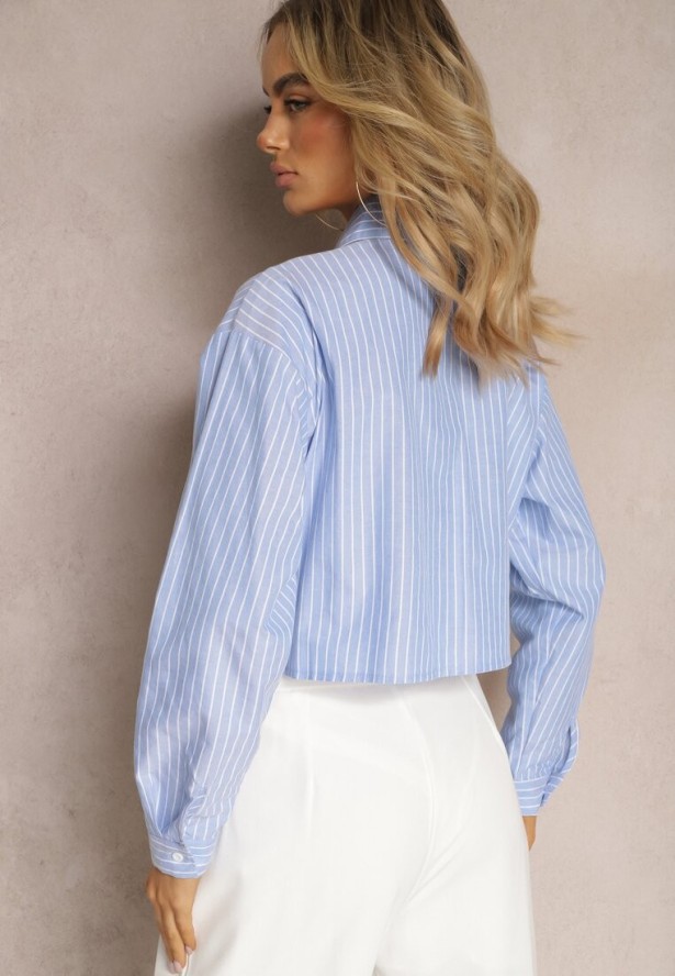 Niebieska Krótka Koszula z Bawełny Ozdobiona Ażurowymi Wstawkami Nunora