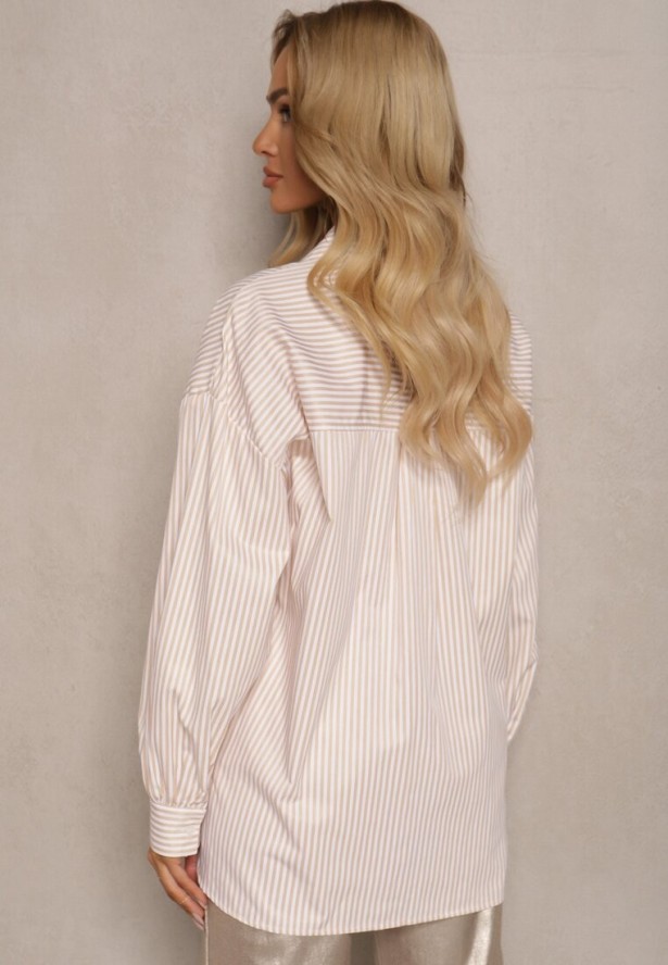 Beżowa Koszula z Długim Rękawem Zapinana na Guziki z Kieszonką Vloenni