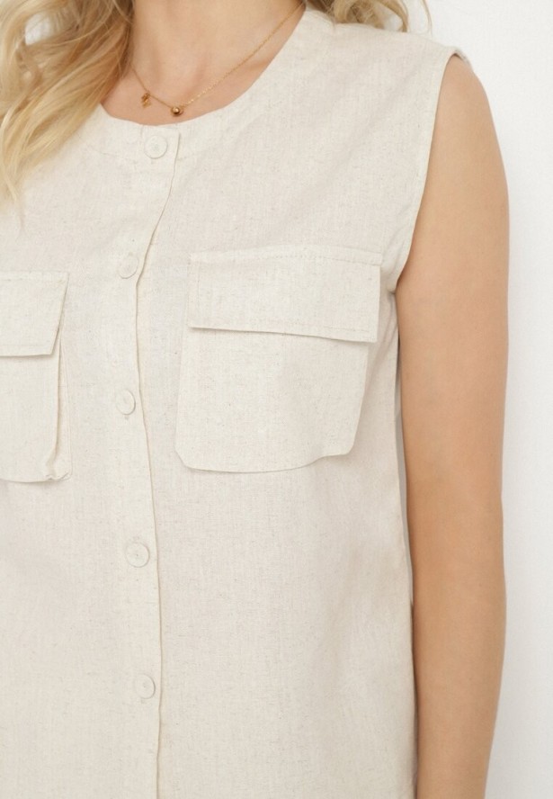 Jasnobeżowy Komplet z Wiskozy Szorty i Bluzka na Guziki z Kieszeniami Alaniella