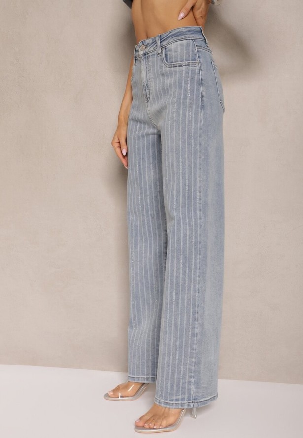 Niebieskie Jeansy z Bawełny o Szerokim Kroju High Waist z Cyrkoniami Polmoi