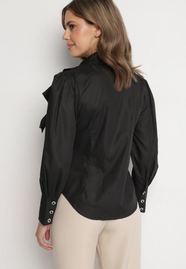 Czarna Koszula Zapinana na Ozdobne Guziki z Kokardką Olliana