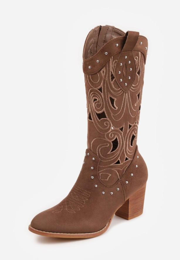 Brązowe Botki Kowbojki VICES na Obcasie z Ażurową Cholewką z Nitami Rienatea