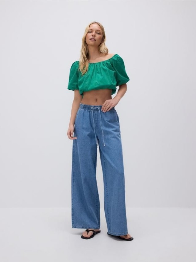Jeansy wide leg ze sznurkiem - niebieski