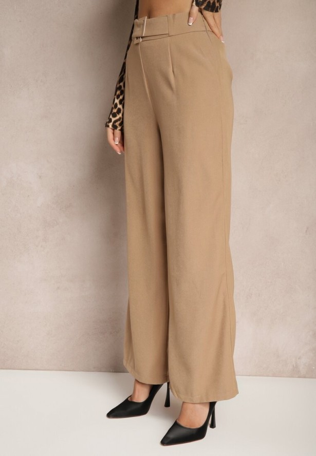 Ciemnobeżowe Szerokie Spodnie Garniturowe z Wiskozą High Waist z Paskiem z Klamrą Enarela
