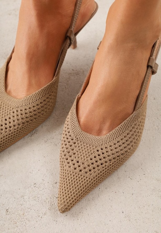 Ciemnobeżowe Ażurowe Sandały na Szpilce Slingback Erilise