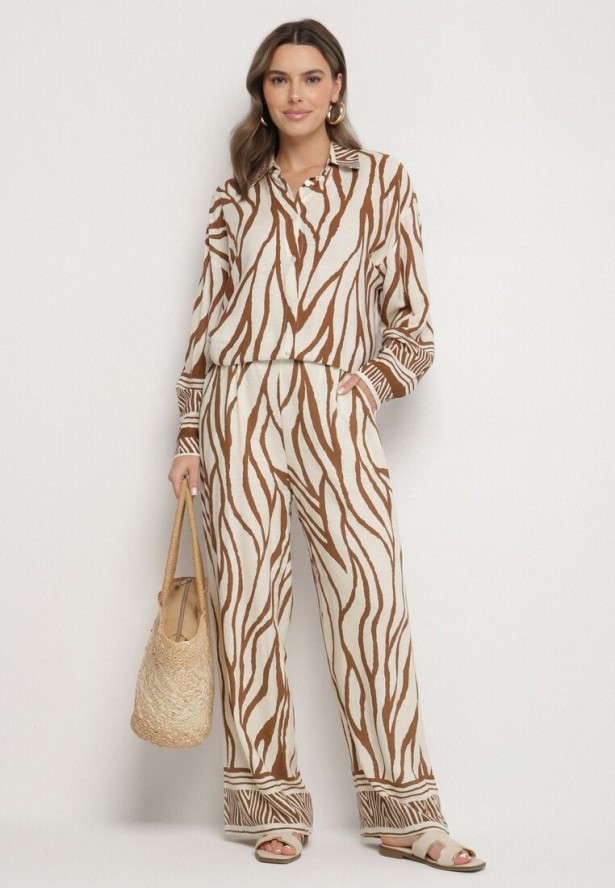 Brązowe Wiskozowe Spodnie z Lnem o Szerokim Kroju z Wysokim Stanem w Zebrę Fenelina