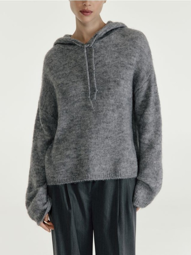 Sweter z kapturem z wełną - szary